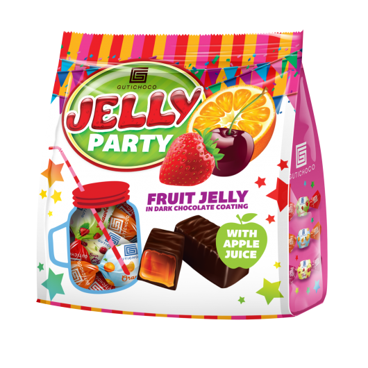 Jelly candies dipped in dark chocolate with apple concentrate