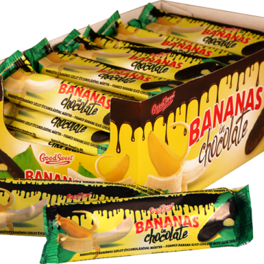 Geschnittene Banane mit Bananenpüree in Zartbitterschokolade getaucht