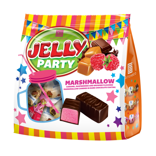 Marshmallow ízesítésű habosított cukorkák étcsokoládéval mártva